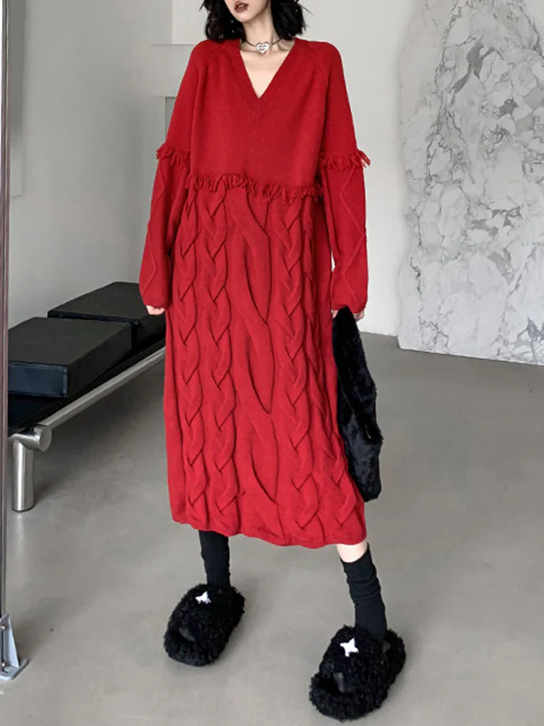 Long Sleeves Loose Solid Color Split-Joint Tasseled V-Neck Midi Dresses Sweater Dresses - Image 9