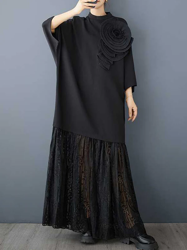 Long Sleeves Loose Solid Color Split-Joint Three-Dimensional Flower Mock Neck Maxi Dresses - Image 2