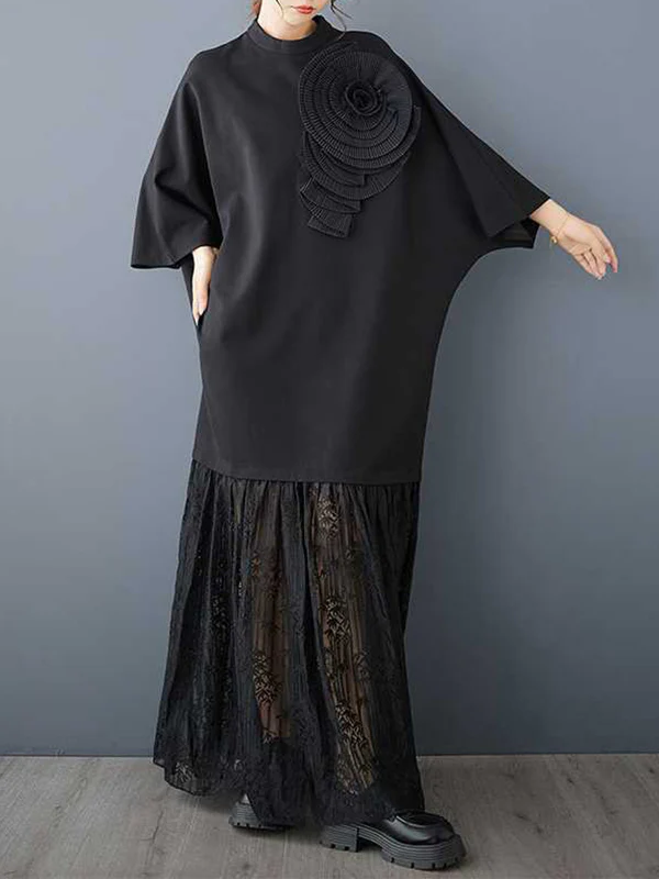 Long Sleeves Loose Solid Color Split-Joint Three-Dimensional Flower Mock Neck Maxi Dresses - Image 3