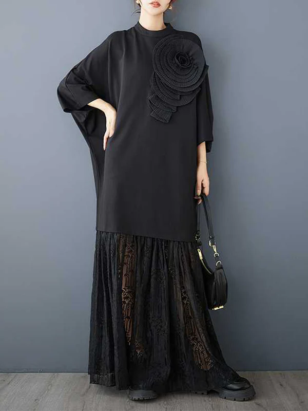Long Sleeves Loose Solid Color Split-Joint Three-Dimensional Flower Mock Neck Maxi Dresses - Image 4