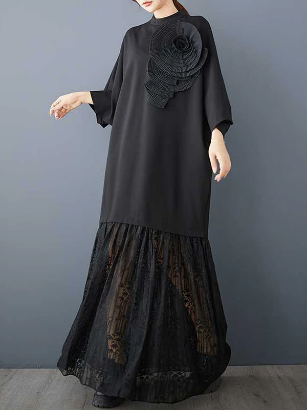 Long Sleeves Loose Solid Color Split-Joint Three-Dimensional Flower Mock Neck Maxi Dresses - Image 5