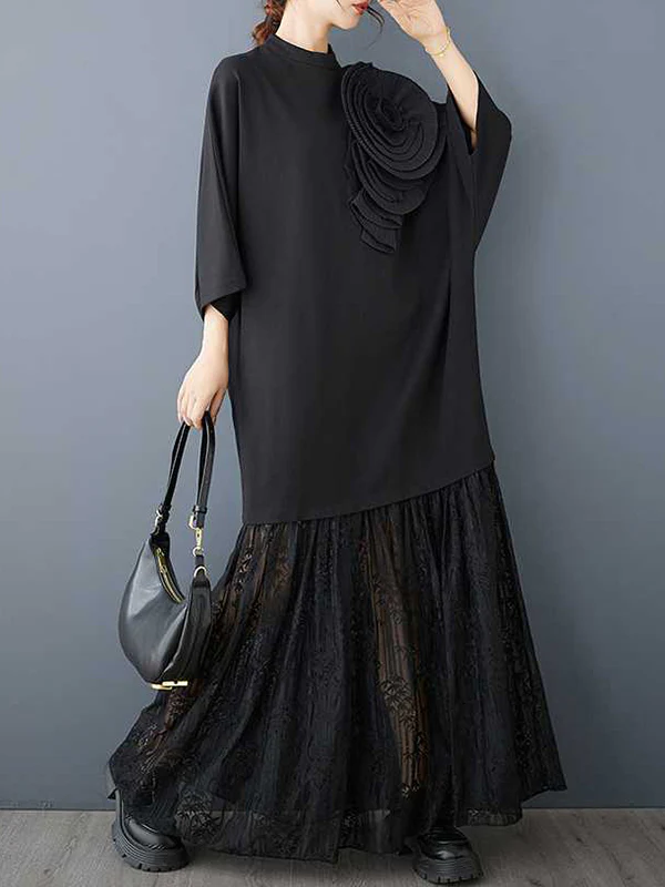 Long Sleeves Loose Solid Color Split-Joint Three-Dimensional Flower Mock Neck Maxi Dresses - Image 6