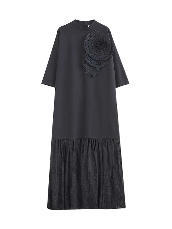 Long Sleeves Loose Solid Color Split-Joint Three-Dimensional Flower Mock Neck Maxi Dresses - Image 7