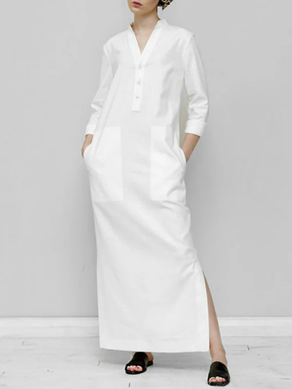 Long Sleeves Loose Solid Color Split-Joint V-Neck Maxi Dresses - Image 2