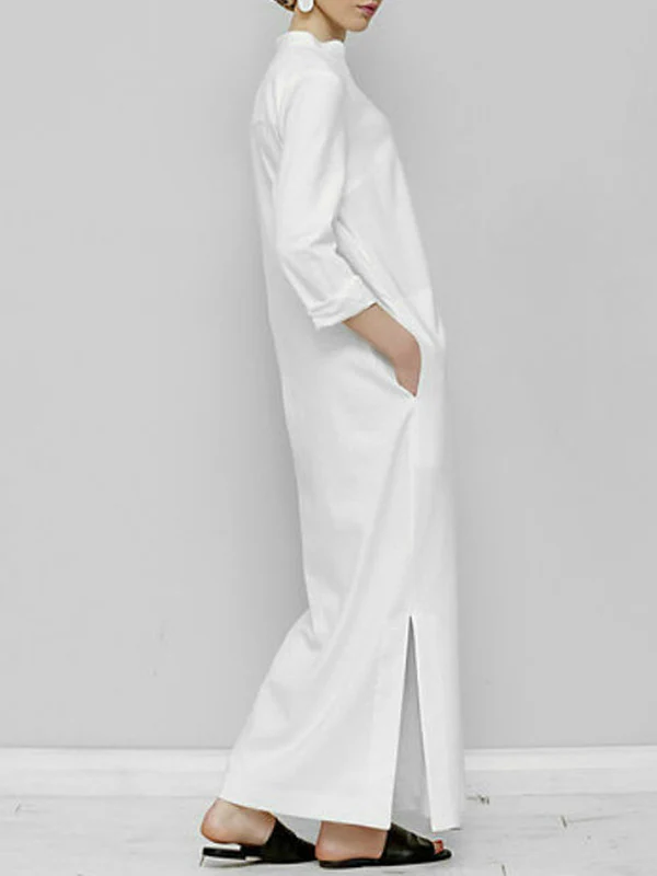 Long Sleeves Loose Solid Color Split-Joint V-Neck Maxi Dresses - Image 3