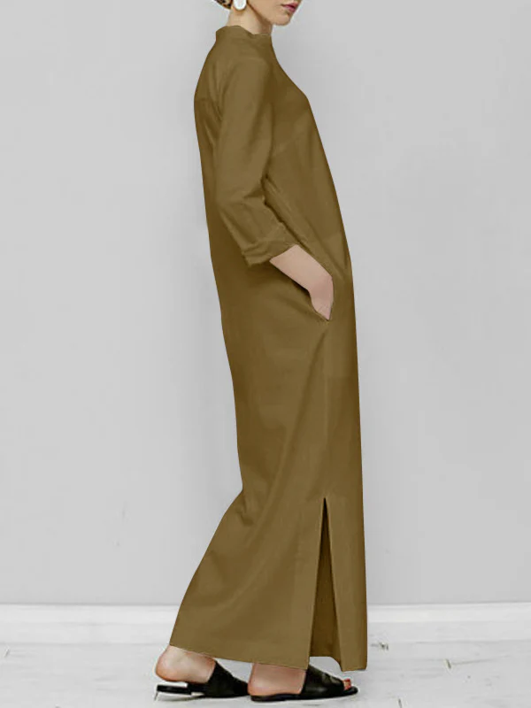 Long Sleeves Loose Solid Color Split-Joint V-Neck Maxi Dresses - Image 4