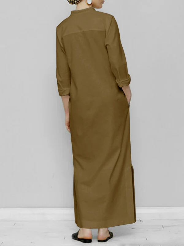 Long Sleeves Loose Solid Color Split-Joint V-Neck Maxi Dresses - Image 5