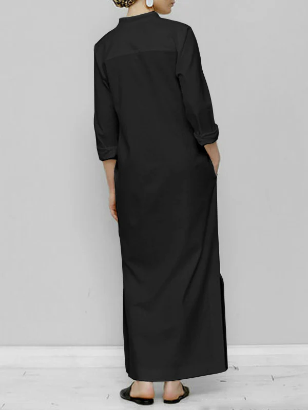 Long Sleeves Loose Solid Color Split-Joint V-Neck Maxi Dresses - Image 6