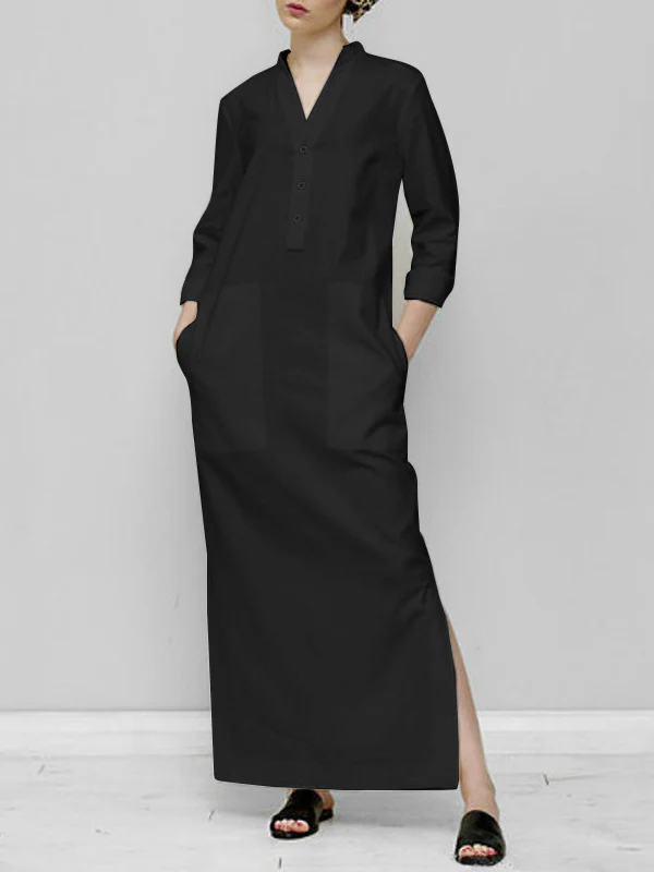 Long Sleeves Loose Solid Color Split-Joint V-Neck Maxi Dresses - Image 7