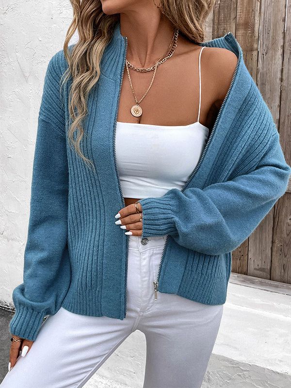 Long Sleeves Loose Solid Color Split-Joint Zipper Stand Collar Cardigan Tops - Image 2