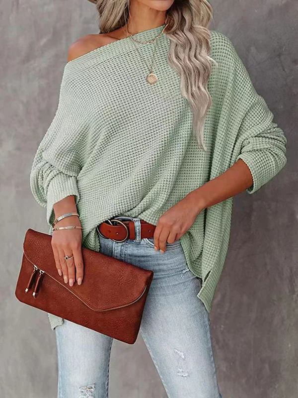 Long Sleeves Loose Solid Color Split-Side Boat Neck T-Shirts - Image 2