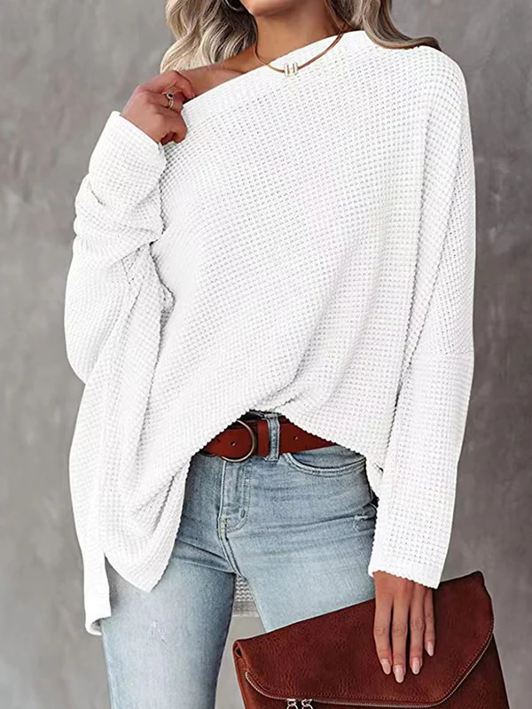Long Sleeves Loose Solid Color Split-Side Boat Neck T-Shirts - Image 3