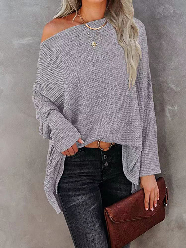 Long Sleeves Loose Solid Color Split-Side Boat Neck T-Shirts - Image 4