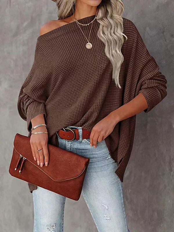 Long Sleeves Loose Solid Color Split-Side Boat Neck T-Shirts - Image 5