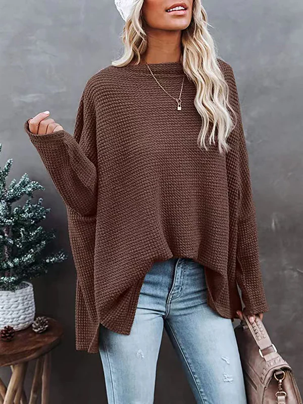 Long Sleeves Loose Solid Color Split-Side Boat Neck T-Shirts - Image 6