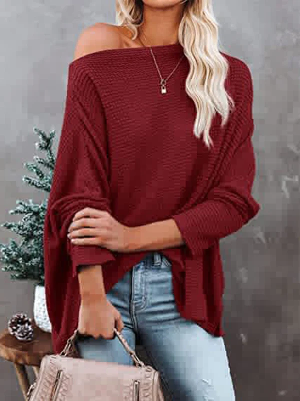 Long Sleeves Loose Solid Color Split-Side Boat Neck T-Shirts - Image 7