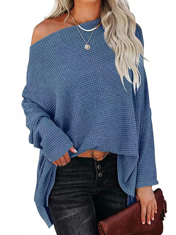 Long Sleeves Loose Solid Color Split-Side Boat Neck T-Shirts - Image 8