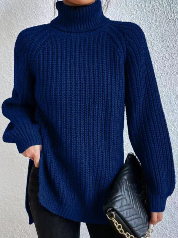 Long Sleeves Loose Solid Color Split-Side High Neck Pullovers Sweater Tops - Image 10