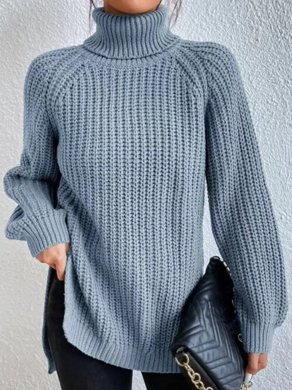 Long Sleeves Loose Solid Color Split-Side High Neck Pullovers Sweater Tops - Image 11