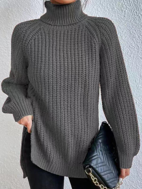 Long Sleeves Loose Solid Color Split-Side High Neck Pullovers Sweater Tops - Image 12