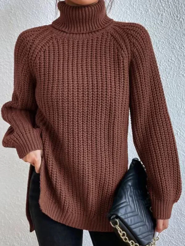 Long Sleeves Loose Solid Color Split-Side High Neck Pullovers Sweater Tops - Image 13