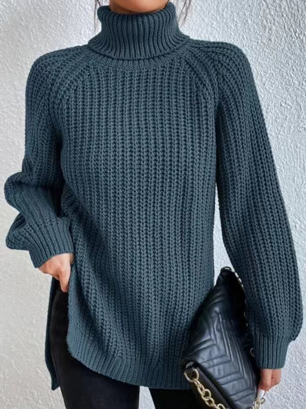Long Sleeves Loose Solid Color Split-Side High Neck Pullovers Sweater Tops - Image 14
