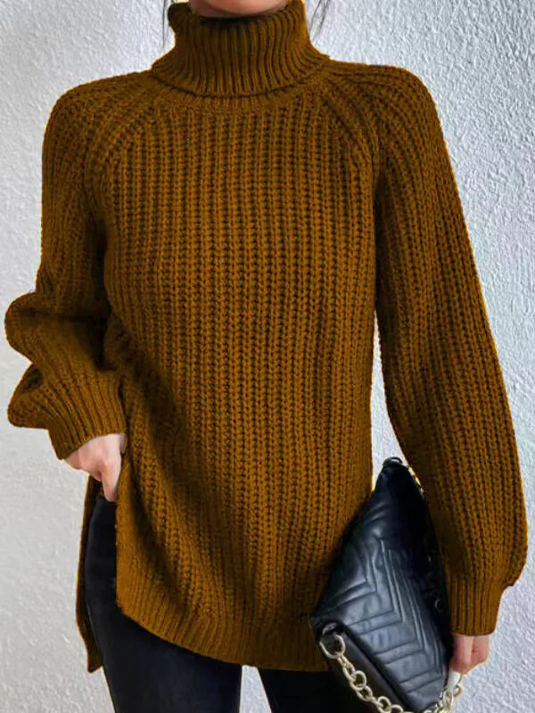 Long Sleeves Loose Solid Color Split-Side High Neck Pullovers Sweater Tops - Image 15