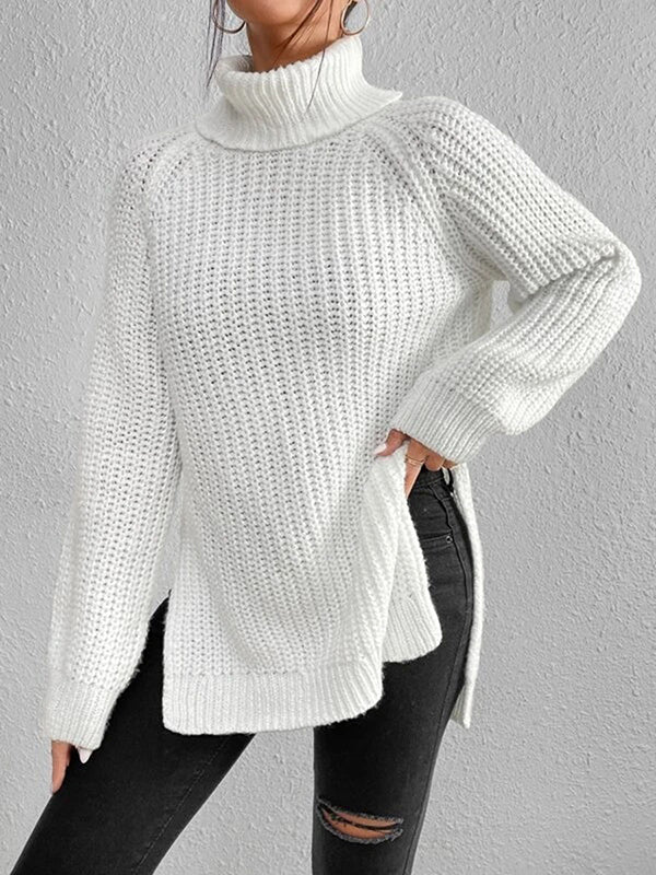 Long Sleeves Loose Solid Color Split-Side High Neck Pullovers Sweater Tops - Image 16