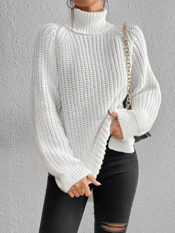 Long Sleeves Loose Solid Color Split-Side High Neck Pullovers Sweater Tops - Image 17