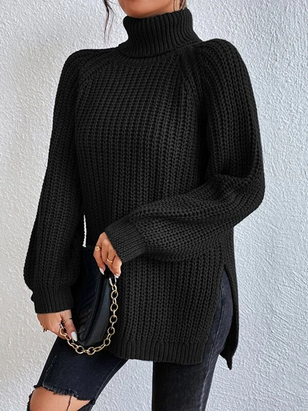 Long Sleeves Loose Solid Color Split-Side High Neck Pullovers Sweater Tops - Image 18