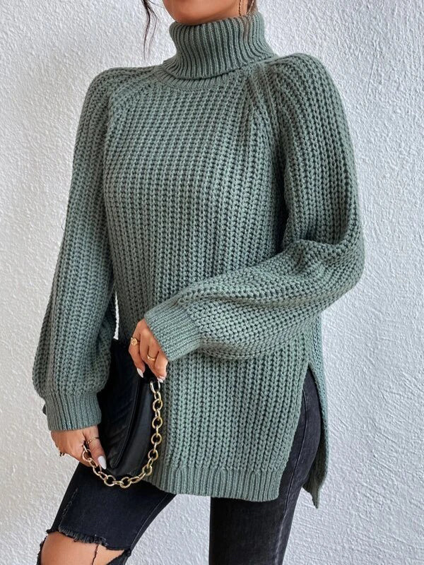 Long Sleeves Loose Solid Color Split-Side High Neck Pullovers Sweater Tops - Image 19