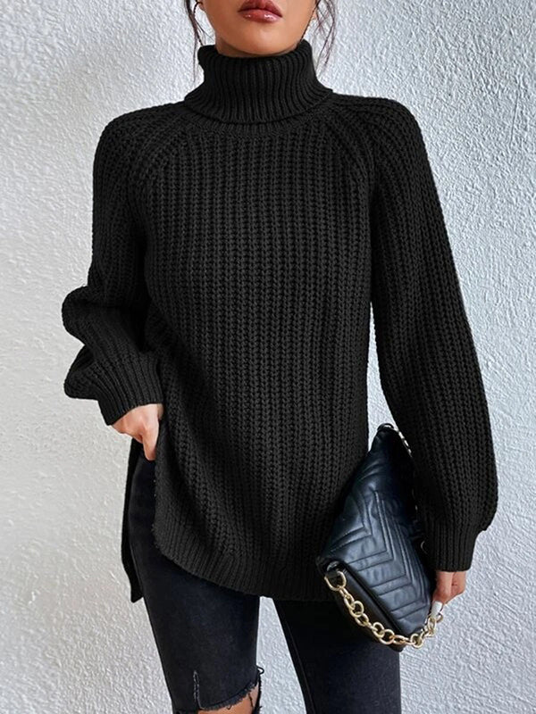 Long Sleeves Loose Solid Color Split-Side High Neck Pullovers Sweater Tops - Image 2