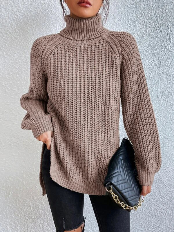 Long Sleeves Loose Solid Color Split-Side High Neck Pullovers Sweater Tops - Image 3