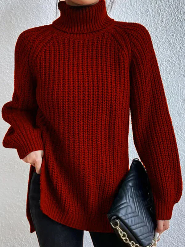 Long Sleeves Loose Solid Color Split-Side High Neck Pullovers Sweater Tops - Image 5