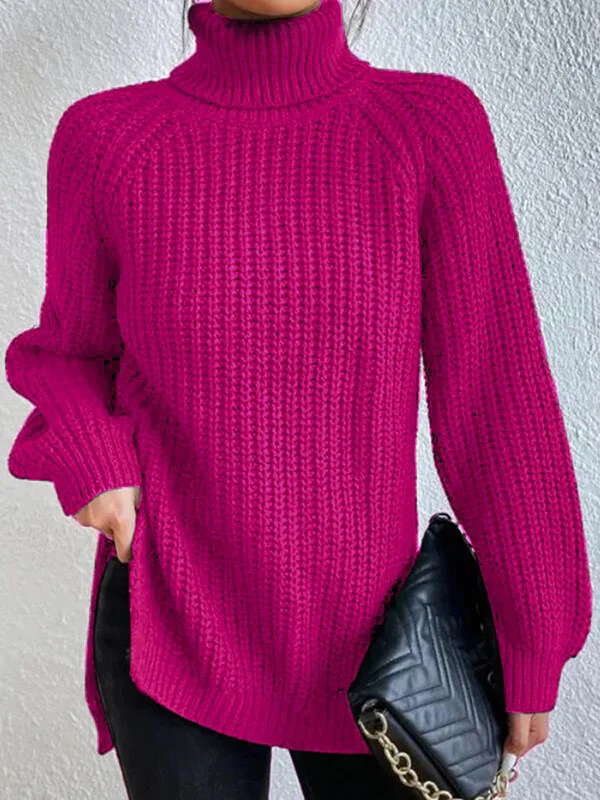 Long Sleeves Loose Solid Color Split-Side High Neck Pullovers Sweater Tops - Image 6