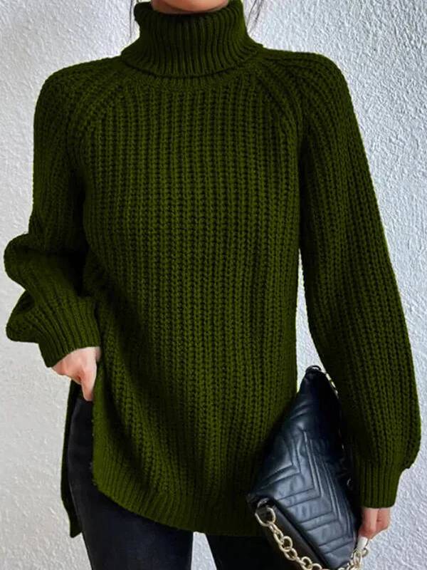 Long Sleeves Loose Solid Color Split-Side High Neck Pullovers Sweater Tops - Image 7