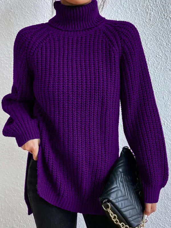 Long Sleeves Loose Solid Color Split-Side High Neck Pullovers Sweater Tops - Image 8