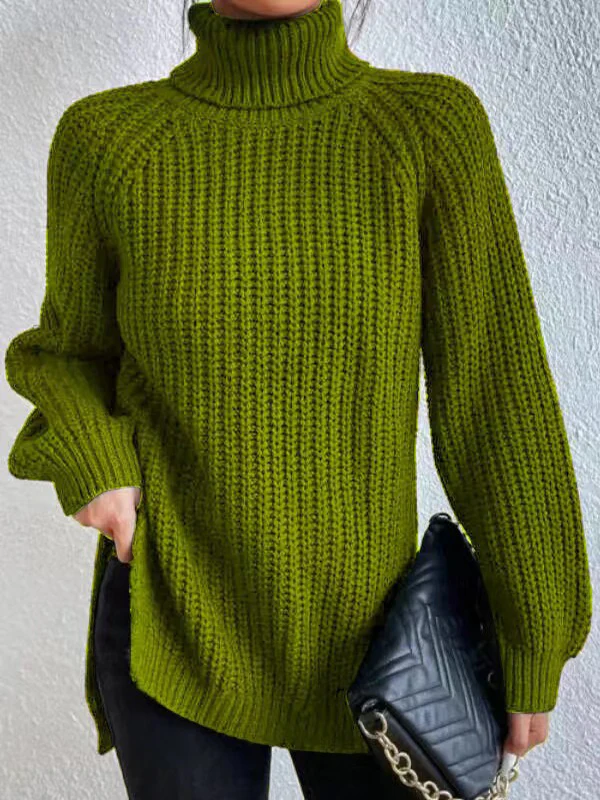 Long Sleeves Loose Solid Color Split-Side High Neck Pullovers Sweater Tops - Image 9