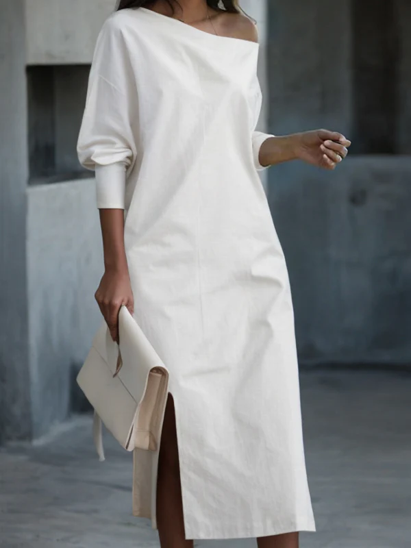 Long Sleeves Loose Solid Color Split-Side One-Shoulder Midi Dresses - Image 2