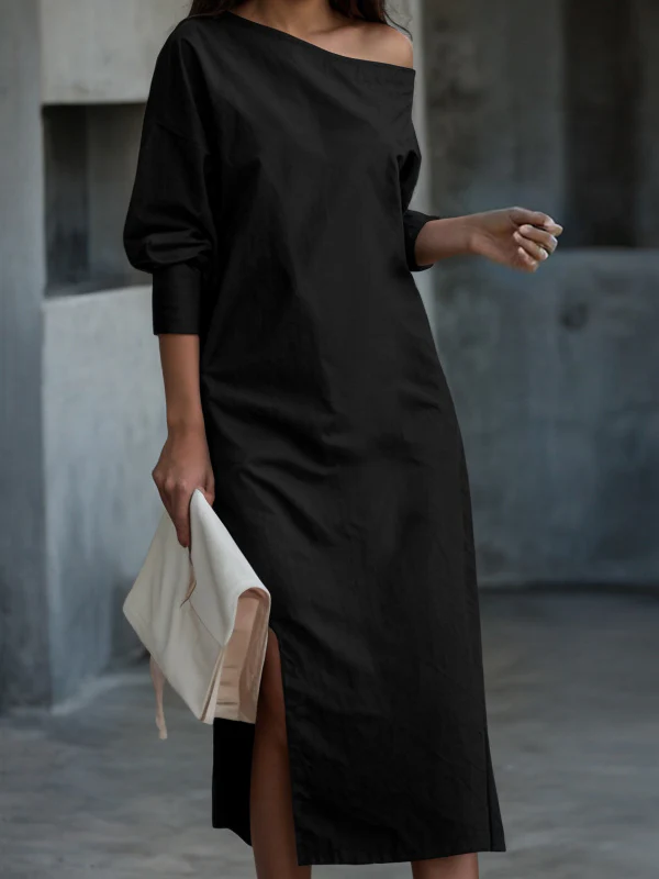 Long Sleeves Loose Solid Color Split-Side One-Shoulder Midi Dresses - Image 3
