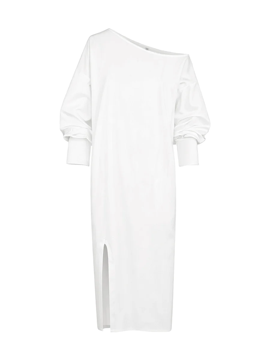 Long Sleeves Loose Solid Color Split-Side One-Shoulder Midi Dresses - Image 4