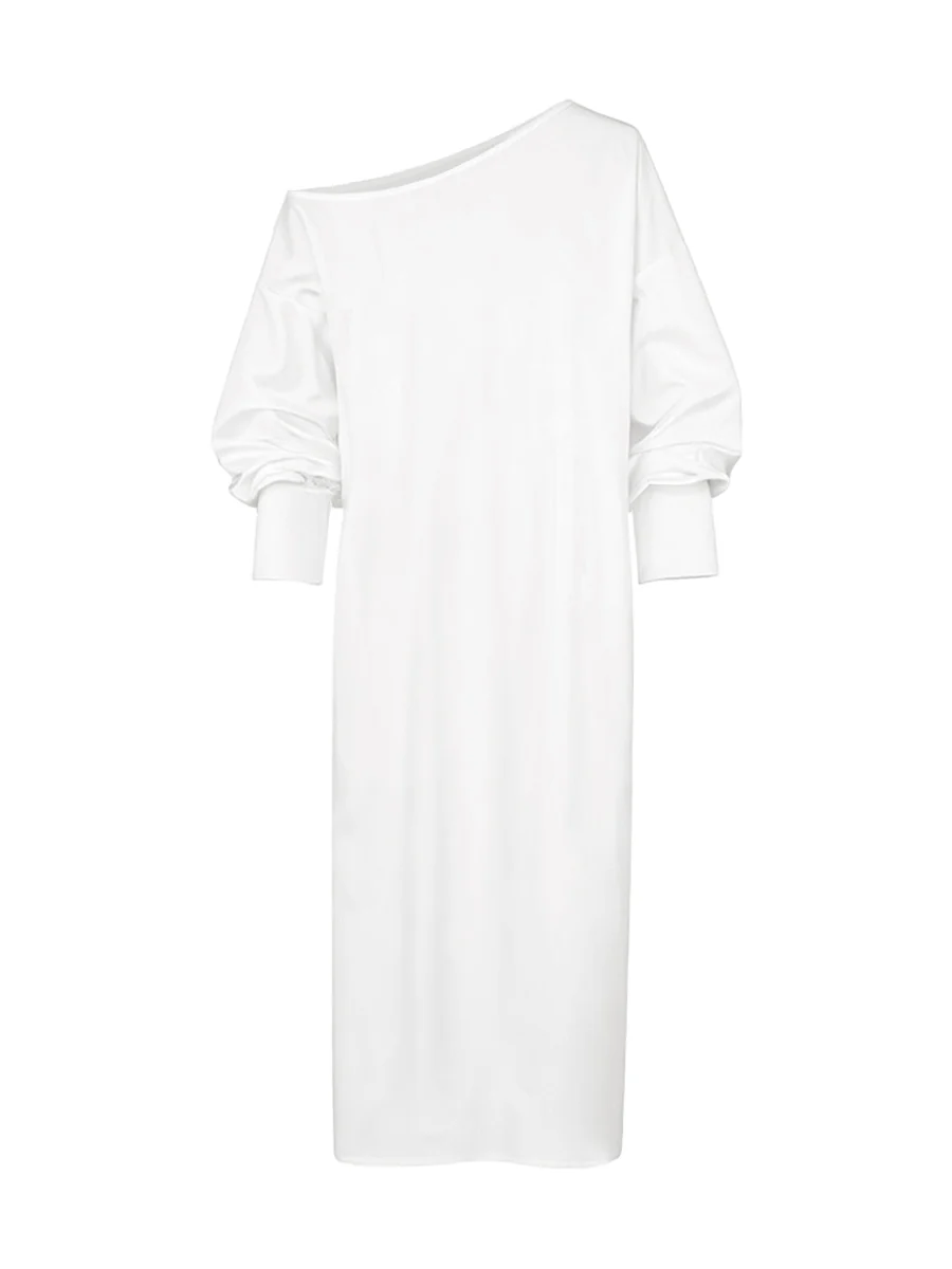 Long Sleeves Loose Solid Color Split-Side One-Shoulder Midi Dresses - Image 5