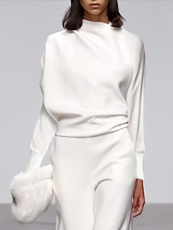 Long Sleeves Loose Solid Color Stand Collar T-Shirts Tops - Image 3