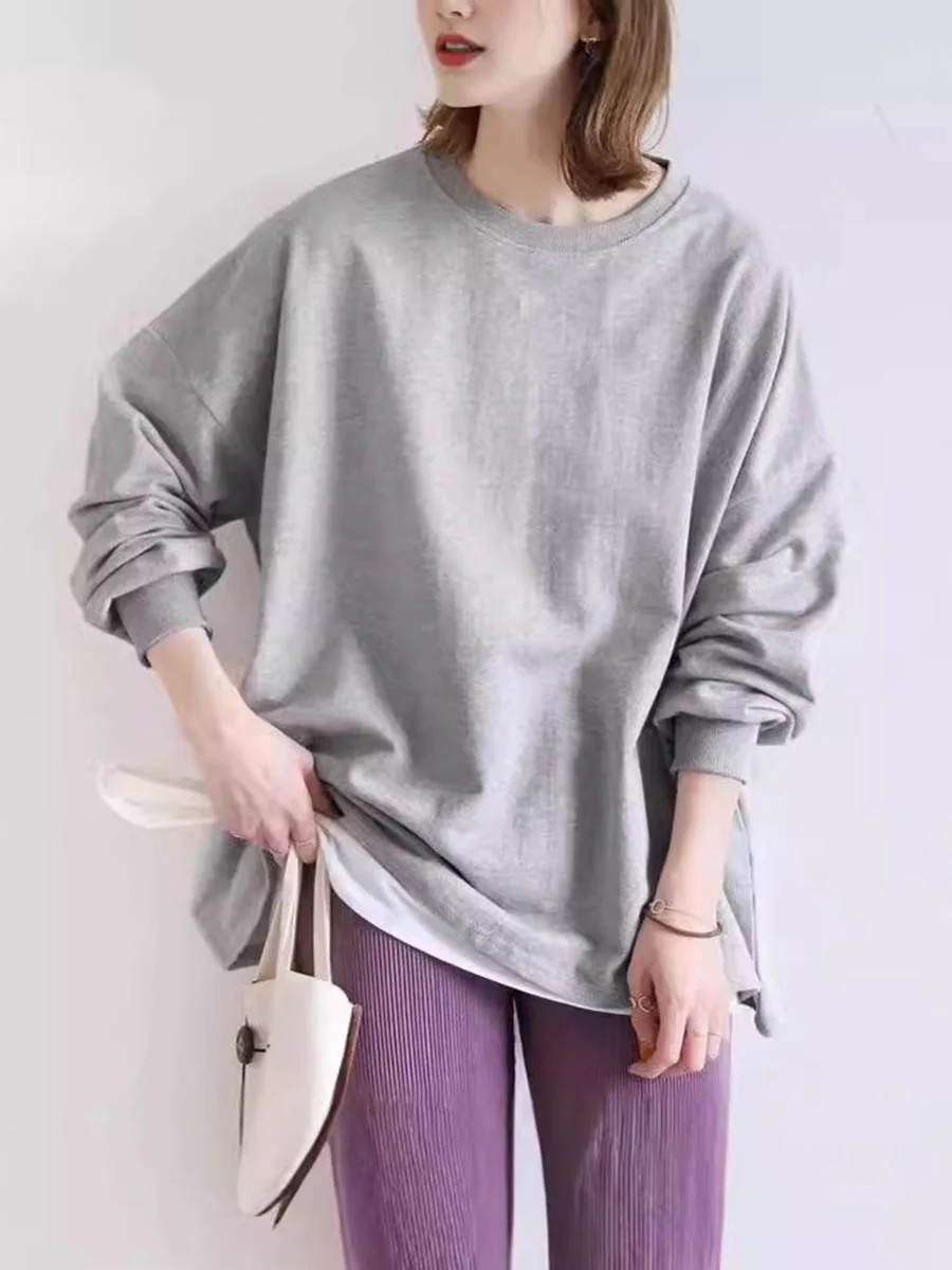Long Sleeves Loose Solid Color Sweatshirt Tops - Image 2