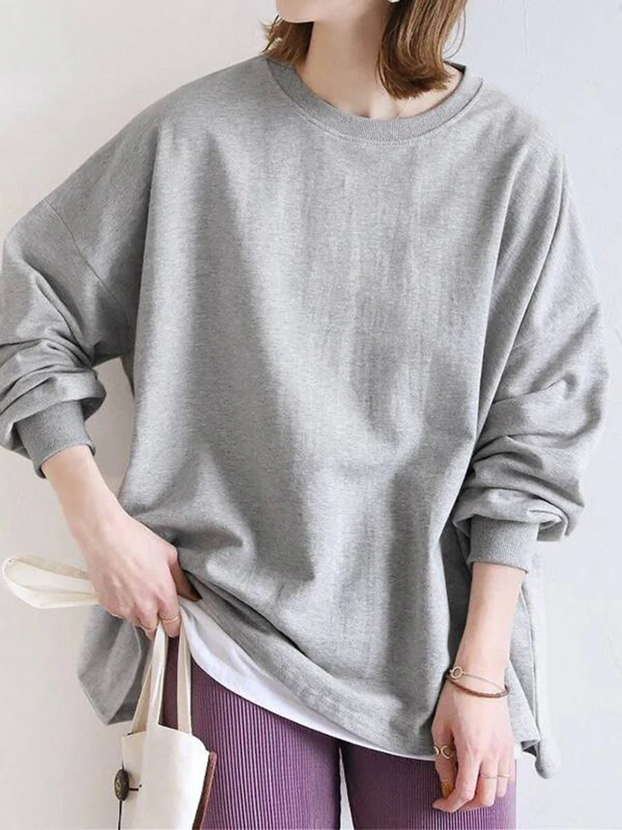 Long Sleeves Loose Solid Color Sweatshirt Tops - Image 3