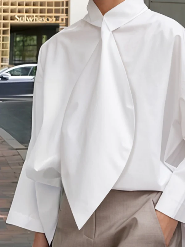 Long Sleeves Loose Solid Color Tied Stand Collar Blouses&Shirts Tops - Image 2