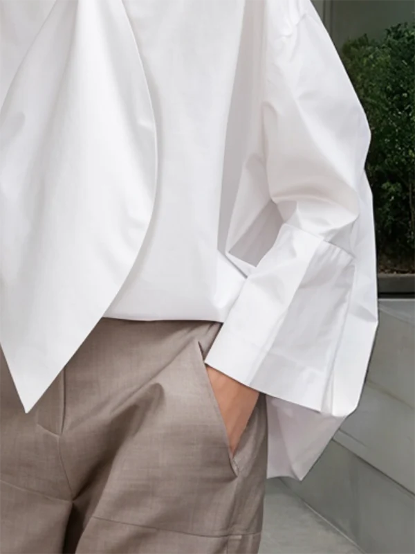 Long Sleeves Loose Solid Color Tied Stand Collar Blouses&Shirts Tops - Image 3