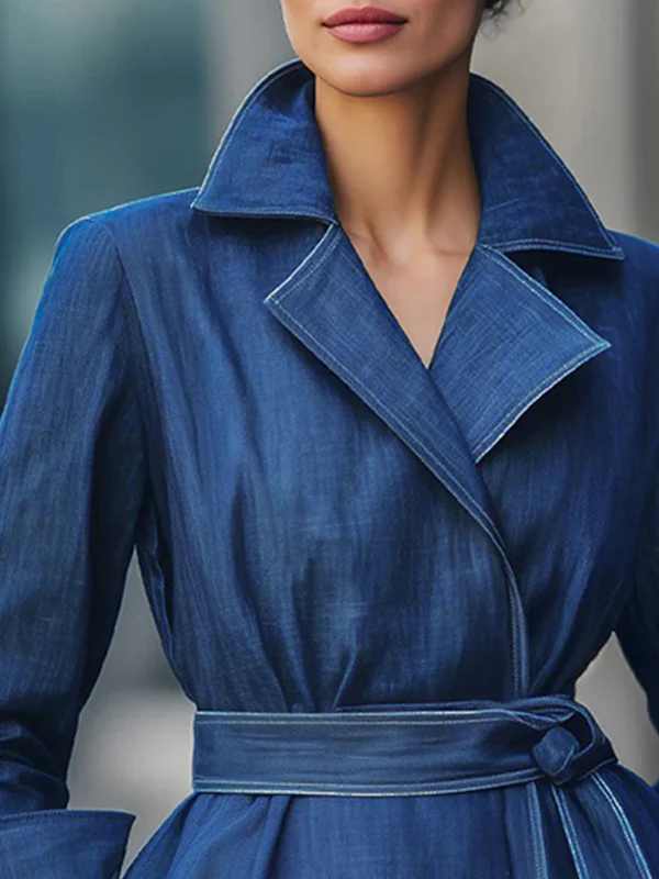 Long Sleeves Loose Solid Color Tied Waist Notched Collar Outerwear - Image 2