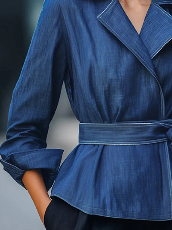 Long Sleeves Loose Solid Color Tied Waist Notched Collar Outerwear - Image 3