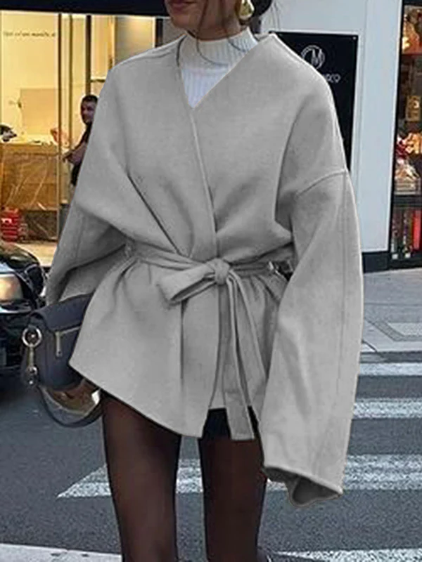 Long Sleeves Loose Solid Color Tied Waist V-Neck Outerwear - Image 11